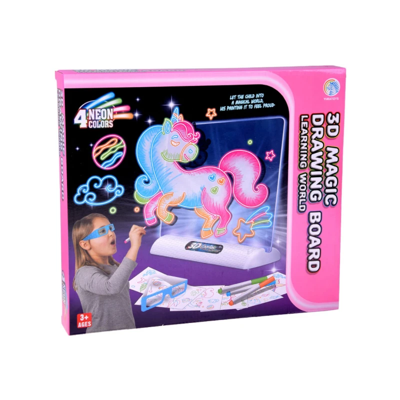 Unicorn 3D Magic Drawing Board with LED Backlight – Includes 4 Neon Markers, Drawing Templates & 3D Glasses (Age 3+)